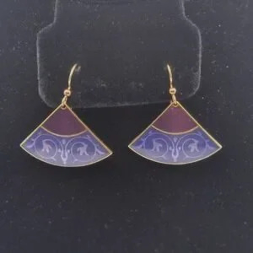 Isle of Skye Enamel Cloisonné Fan Drop Earrings Purple Blue Gold Tone Scrollwork